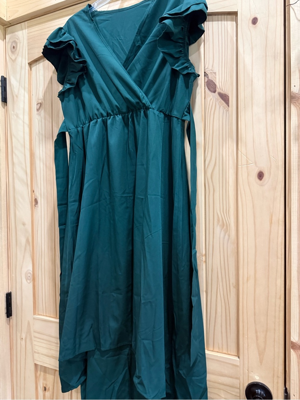 Emerald Green Ruffle Sleeve High Low Wrap Dress Size L - Picture 3 of 9